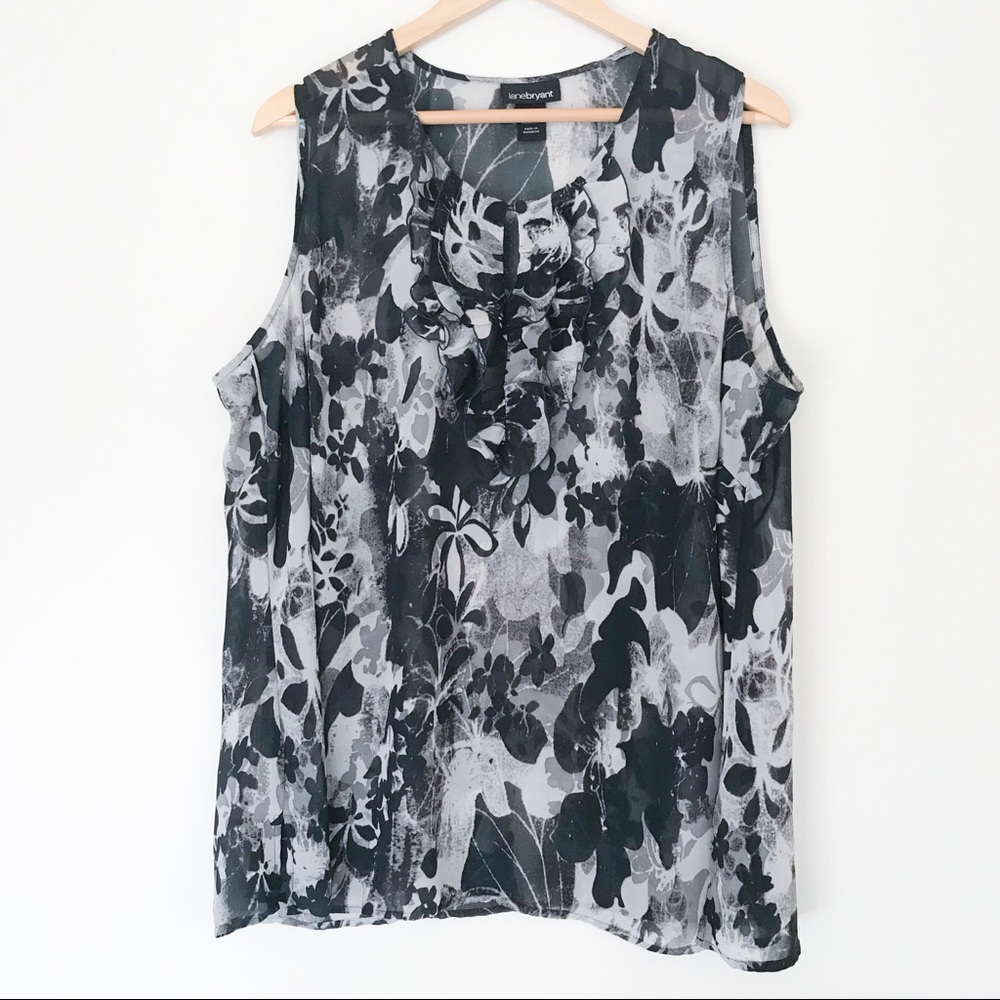 Lane Bryant Ruffle Blouse Black White Print Top